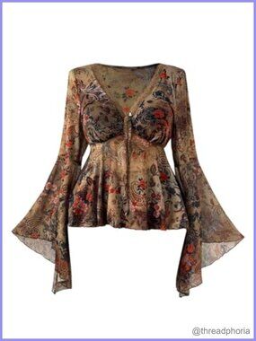 Plus Size Floral Mesh Peplum Top V Neck Long Bell Sleeve Blouse